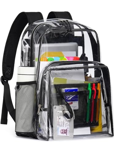 Clear Backpack for School, 17 inch Large Heavy Duty-TPU See Through Bookbag for Boys Girls and Adult, Transparent Backpack With Multi-Pockets for College Work Gym Sport, Black