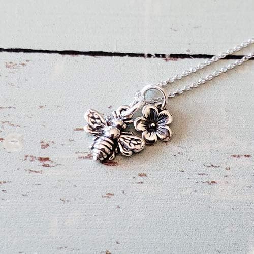 Sterling Silver Tiny Bee Charm with Tiny Flower Charm Necklace, 18" - Image 3
