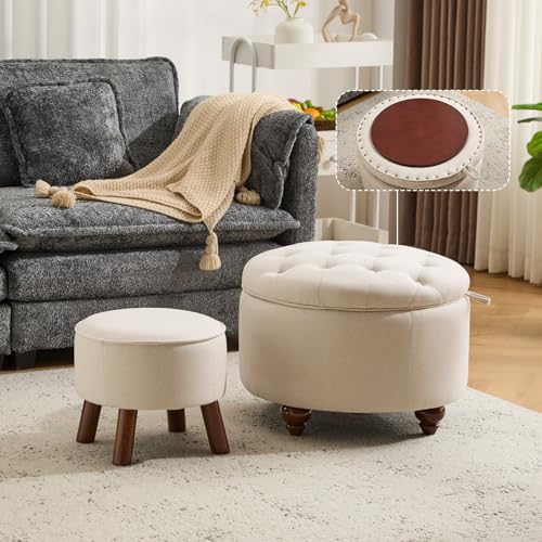 Lorflin 24" Round Storage Ottoman Set, Button Tufted, Khaki