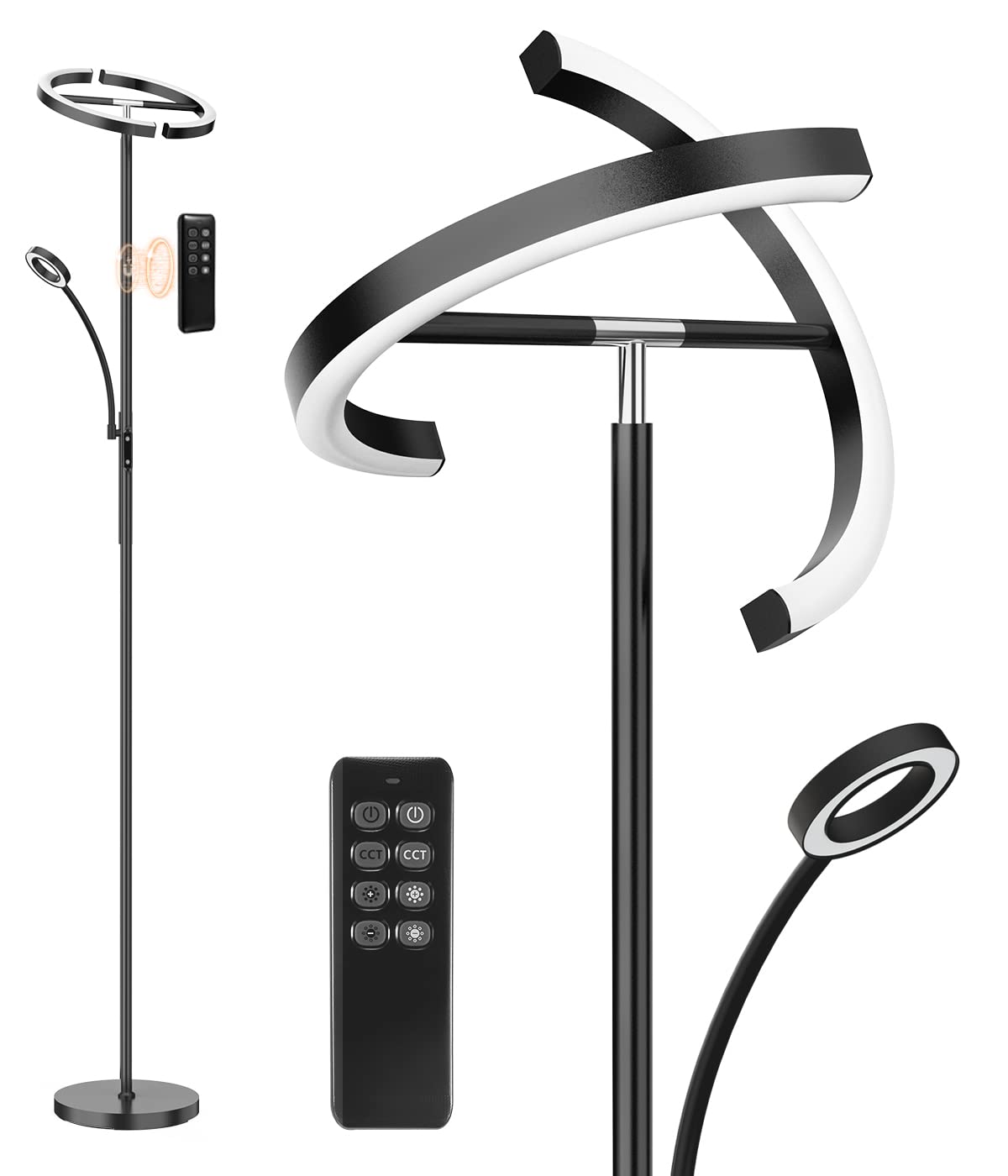 ANTENLICHT Stehlampe LED Dimmbar|Schwarz Stehleuchte 20W mit flexibler 7W Leselampe| Modern deckenfluter mit fernbedienung mit 4 Farbtemperatur für Wohnzimmer, Schlafzimmer, Büro, Hotel