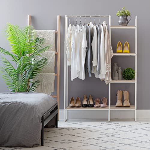Iris Usa Clothing Rack, Clothes Rack With 4 Wood Shelves, Freestanding Clothing Rack, Easy To Assemble Garment Rack, Standing Metal Sturdy Clothing Rack, Small Space Storage Solution, White #TOP6