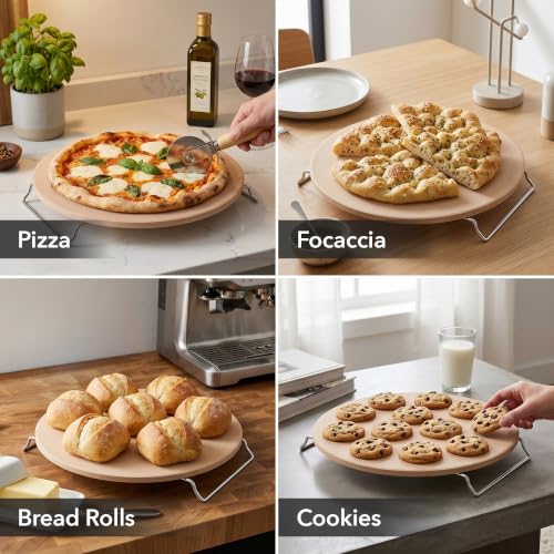 Image of OVENTE 13 inch Round Pizza Stone for Oven and Grill, Beige BW10132 | Heat Resistant Flat Ceramic w / Cutter Wheel, Metal Rack Stand, Ideal for Making Crisp Crust Flatbread, Bread, Cookies & More