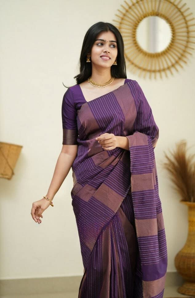 Flosive Women's Present Banarasi Soft Lichi Silk Saree Beautiful Jacquard Rich Pallu Design Work Zari Woven Kanjivaram Silk Style Saree With Soft Lichi Silk Blouse Piece Beauty (Purple).