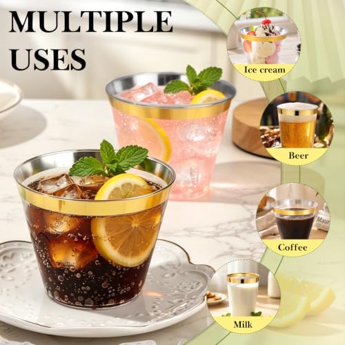 Image of 100 Pack 9 OZ Plastic Cups, Disposable Gold Rimmed Party Cups
