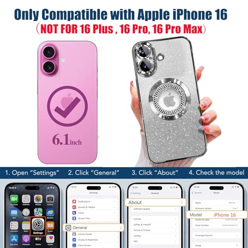 Image of Misscase for iPhone 16 Magnetic Glitter Case Compatible with MagSafe,Full Protection Slim Shockproof Anti-Scratch Case with Camera Lens Protector Logo View Dust-Proof Net for Women Silver