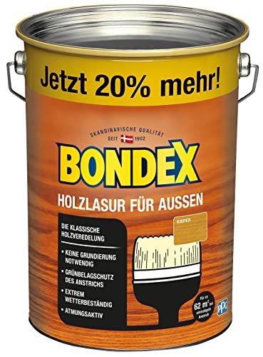 Bondex Holzlasur für Außen Kiefer 4,8 L für 62 m² | Hoher Wetter- und UV-Schutz | Natürliches Abwittern - kein Abplatzen | seidenmatt | Holzschutzlasur | Holzlasur