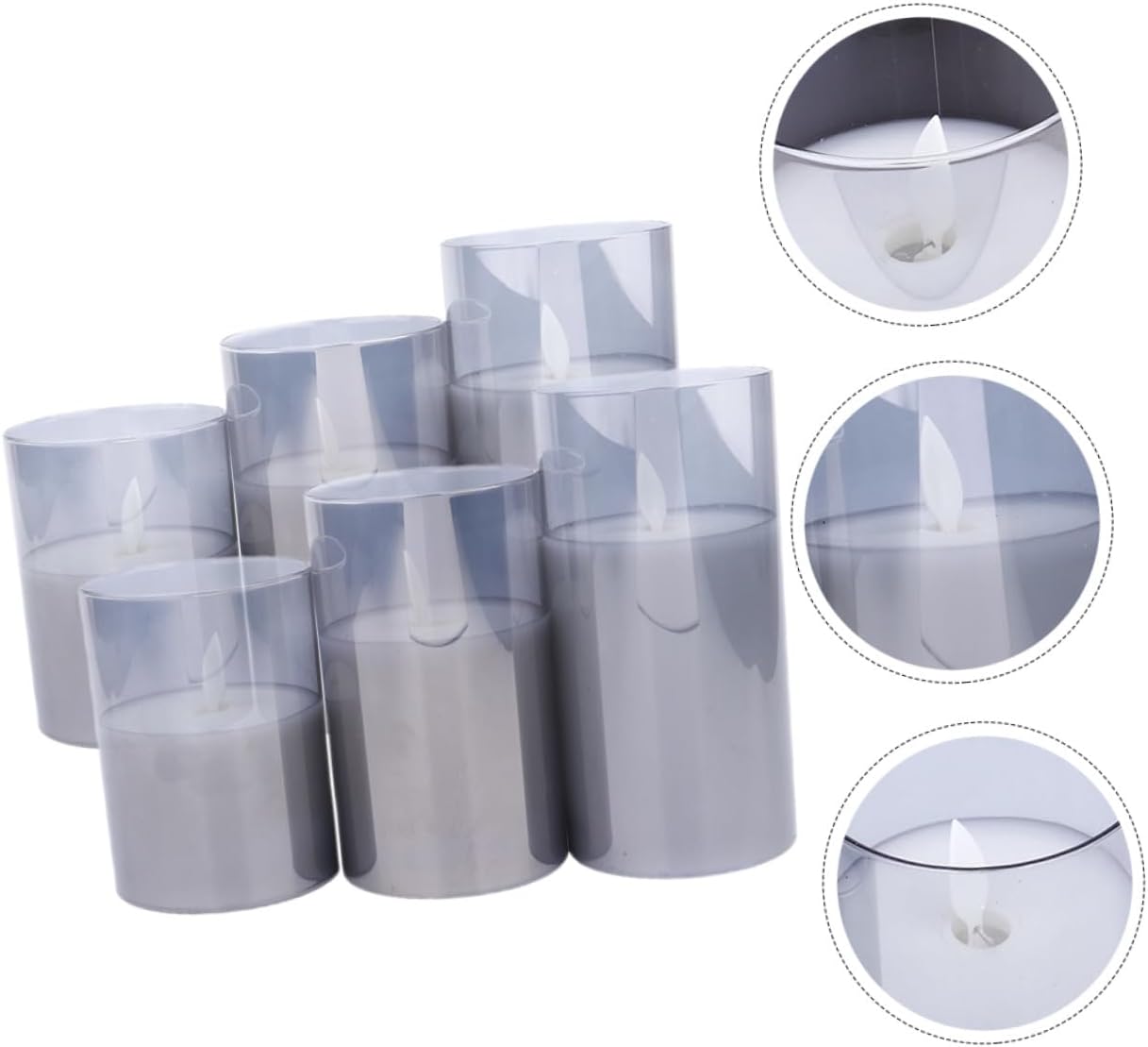 CHILDWEET 6pcs Flameless LED Glass Candle Lights Battery Operated Electric Candle Lamps for Home Decor and Romantic Candlelight Scenes, Grey Mixed Sizes 7.5/10/12.5/15cm