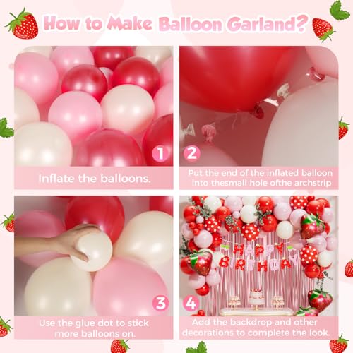 Image of Strawberry Birthday Party Decorations 101pcs, Red Pink Red white Strawberry Balloons with Pink Fringe Curtain Happy Birthday Banner for Sweet Girl Berry First Birthday Baby Shower Party Decor