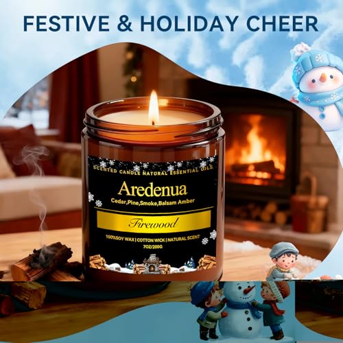 Image of Firewood Scented Candle | Smoky Wood Scent 7oz Soy Candles for Home Cozy Scented, Holiday Aromatherapy Candles | Candle Gifts for Women Men - 50H Clean & Long Lasting Burn