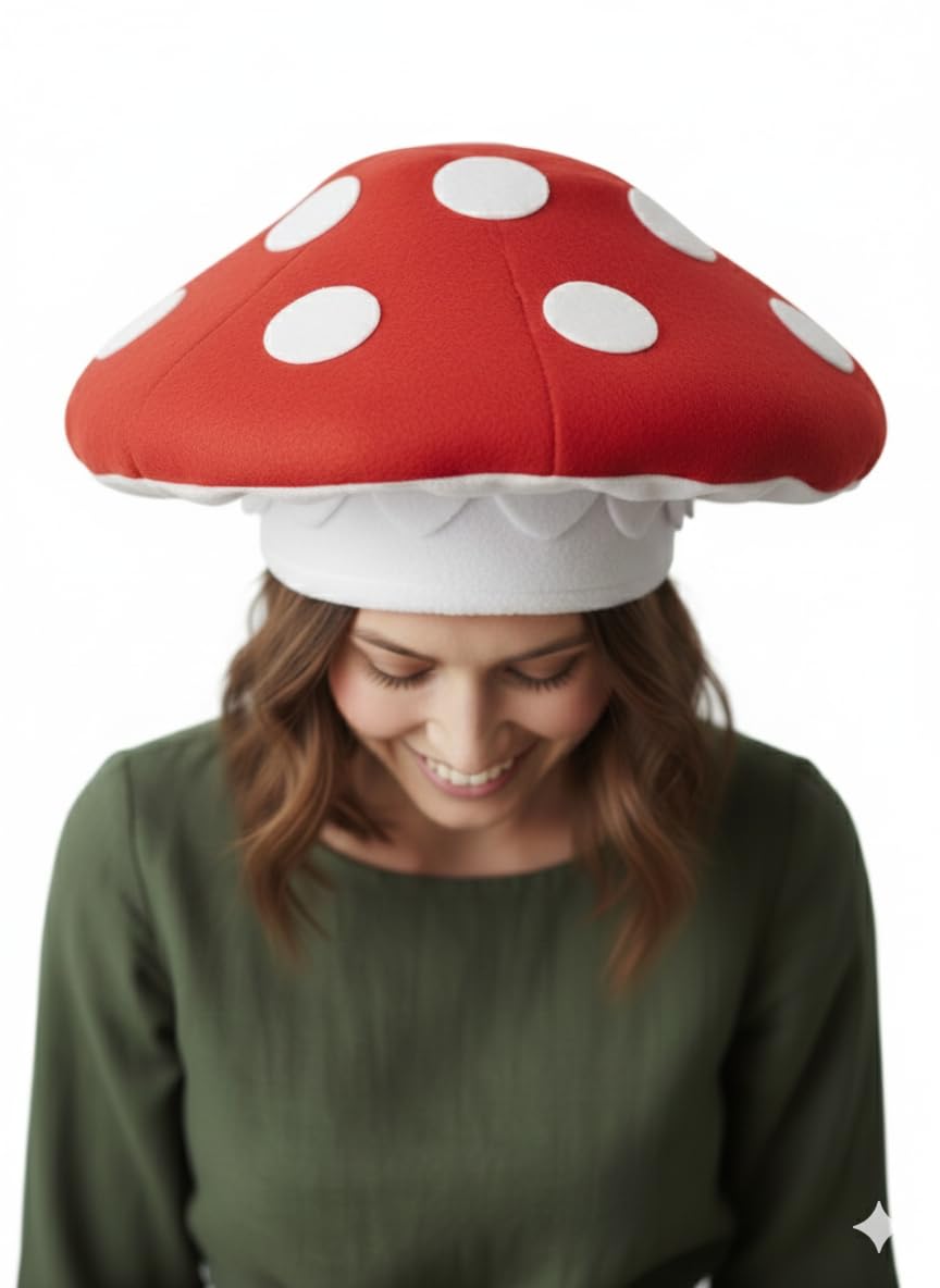 labreeze Toad Stool Mushroom Hat for Adults, Red and White Polka Dot, Fantasy Woodland Costume Accessory for Fancy Dress Parties and Cosplay