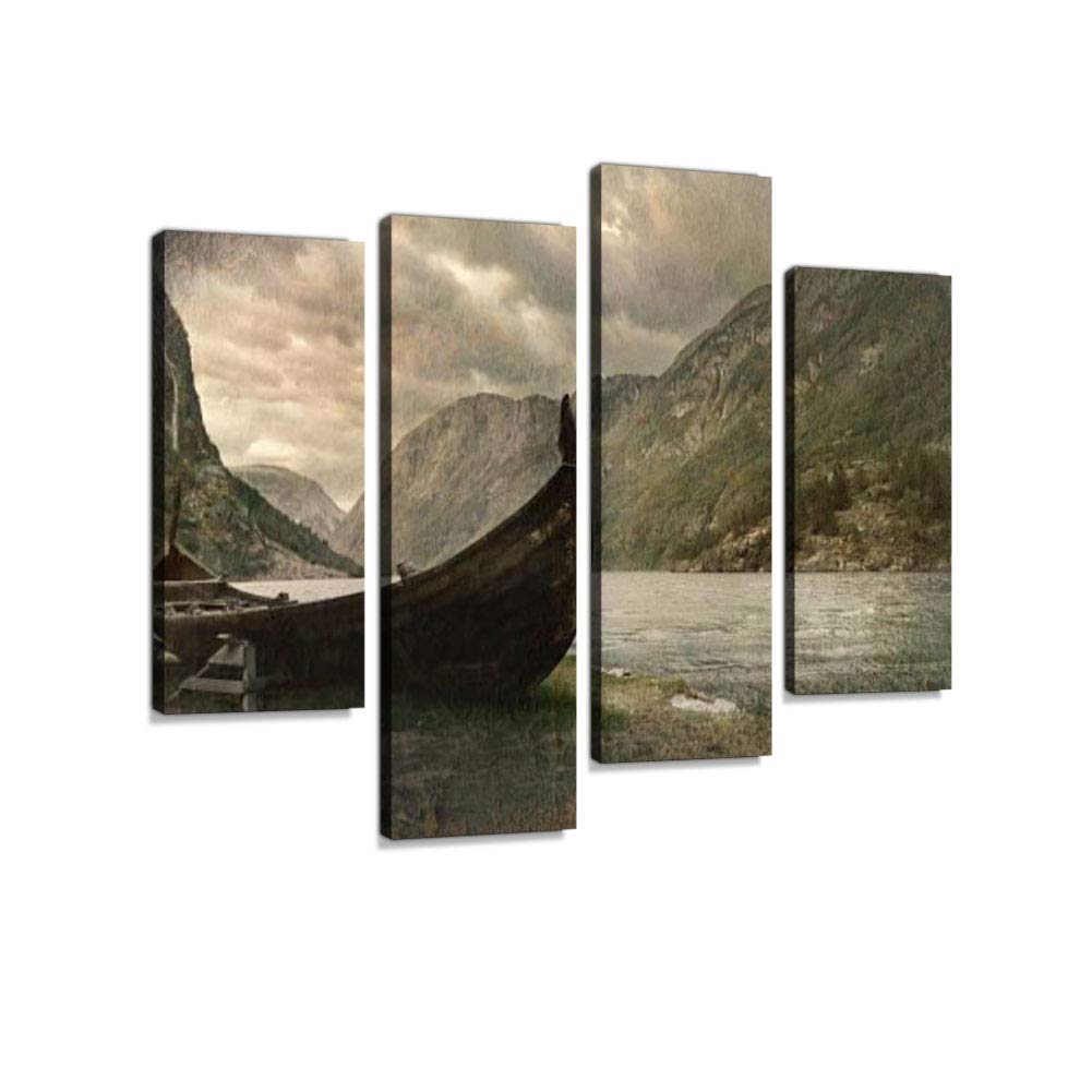 Old Viking Boat in Gudvangen Village Near Flam, Norway Canvas Wall Art Hanging Paintings Modern Artwork Abstract Picture Prints Home Decoration Gift Unique Designed Framed 4 Panel