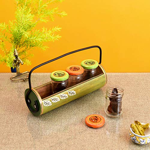 Image of AAKRITI ART CREATIONS Pickle Organiser with Stand | Handcrafted Madhubani Art Storage Jars| Kitchen Decoration Items Stylish Tray & Jars| Kitchen Jars with Wooden Tray