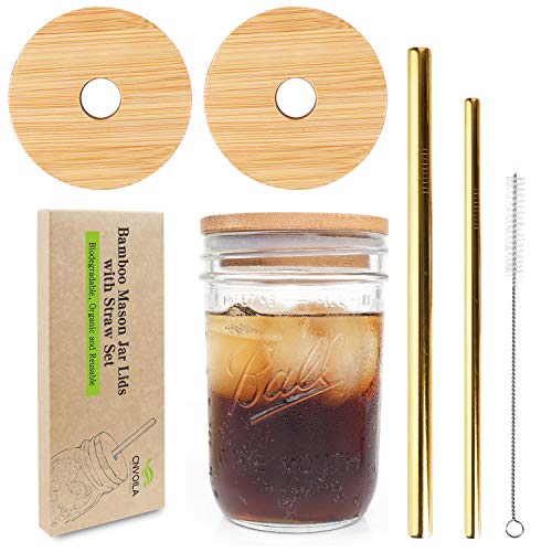 Mason Jar Lids with Straw Hole ECO Reusable Bamboo Mason Jar Lids for Wide Mouth Mason Jar with 2 Reusable Stainless Steel Straw - 2 LIDSGolden Straw
