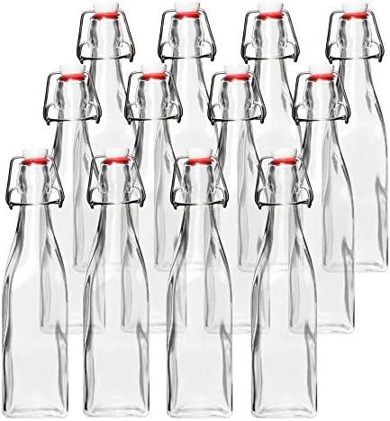 Barcaloo 8.5 Ounce Clear Glass Beer Bottles for Home Brewing - Beer, Kombucha, Soda, Juice, Fermentation, Square 12 Pack Glass Bottle with Flip Top Cap and Funnel