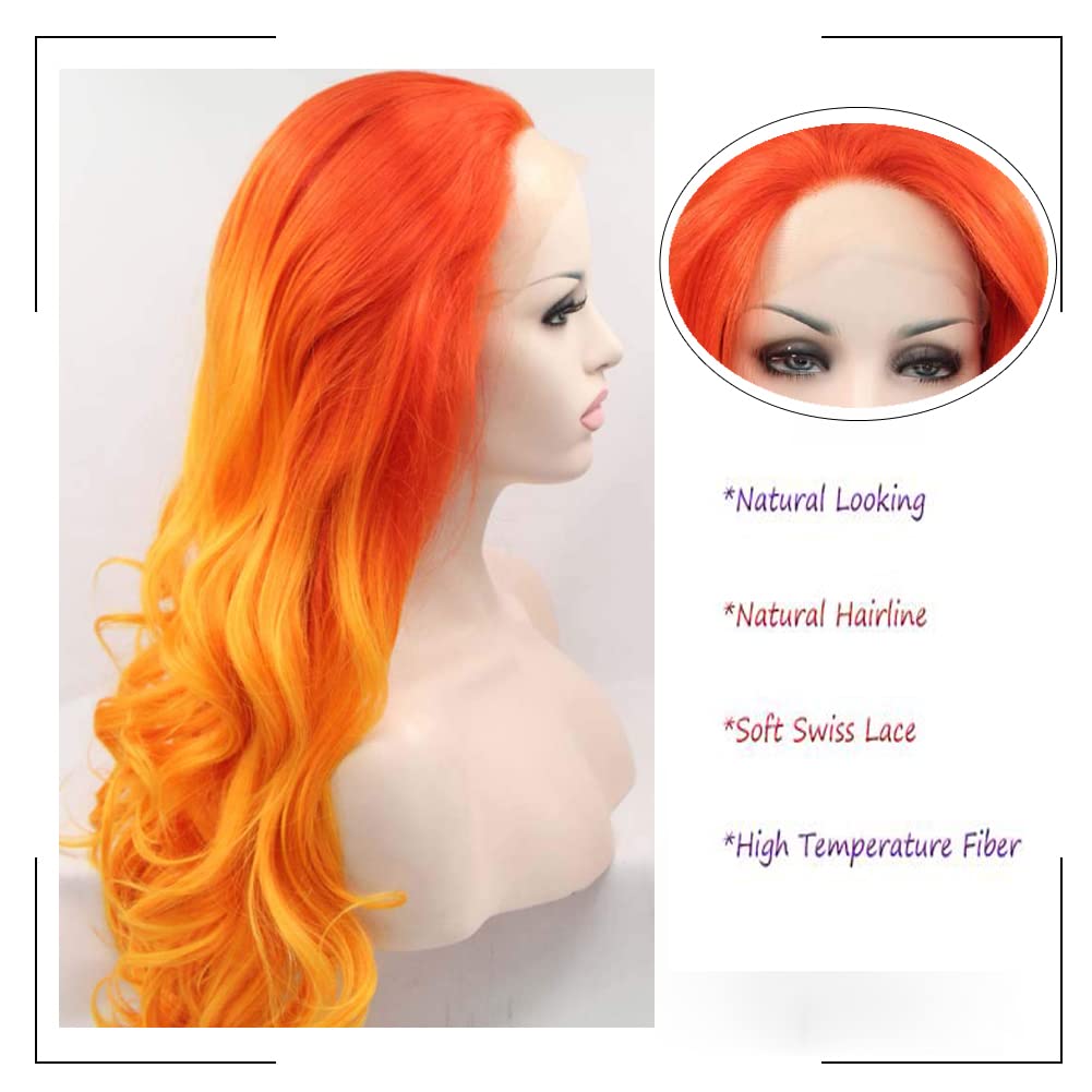 AFBeauty Orange Red Hair Long Wavy Orange to Yellow Free Part Wig Synthetic Lace Front Wig Heat Resistant Fiber Soft hIR for Women Cosplay 24’’ (24 - Image 4