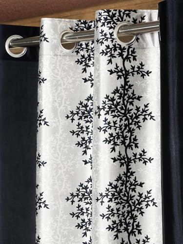Image of Home Sizzler 2 Pieces Bloom Line Grommet Eyelet Polyester Long Door Curtains - 9 Feet, Black