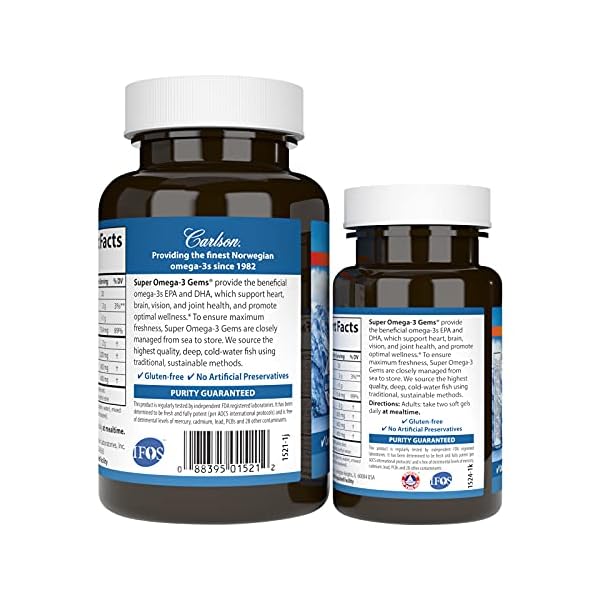 Carlson - Super Omega-3 Gems, 1200 mg Omega-3 Fatty Acids with EPA and DHA, Wild-Caught Norwegian Supplement, Sustainably Sourced Fish Oil Capsules, Omega 3 Supplements, 100+30 Softgels