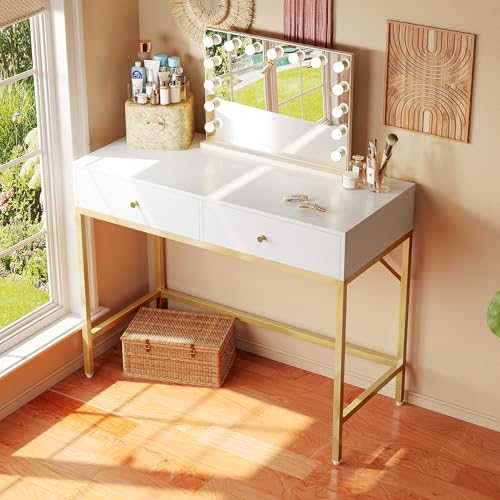 Image of SUPERJARE 31.5 inch White and Gold Desk with 2 Drawers, Modern Vanity Desk