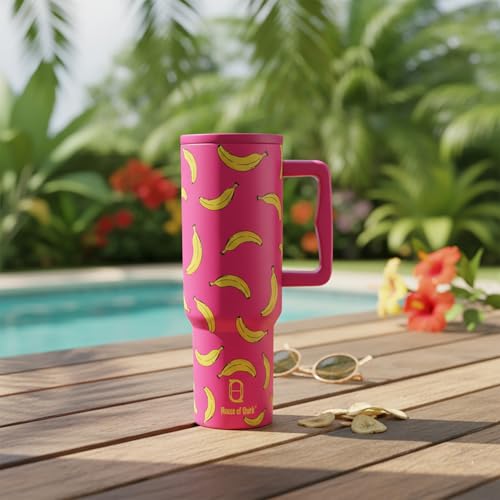 Image of House of Quirk 1200ML Stainless Steel Tumbler with Handle & Lid, 2 Straws - Large Travel Mug Water Cup for Gym, Office & Outdoor Use (Banana Pink)