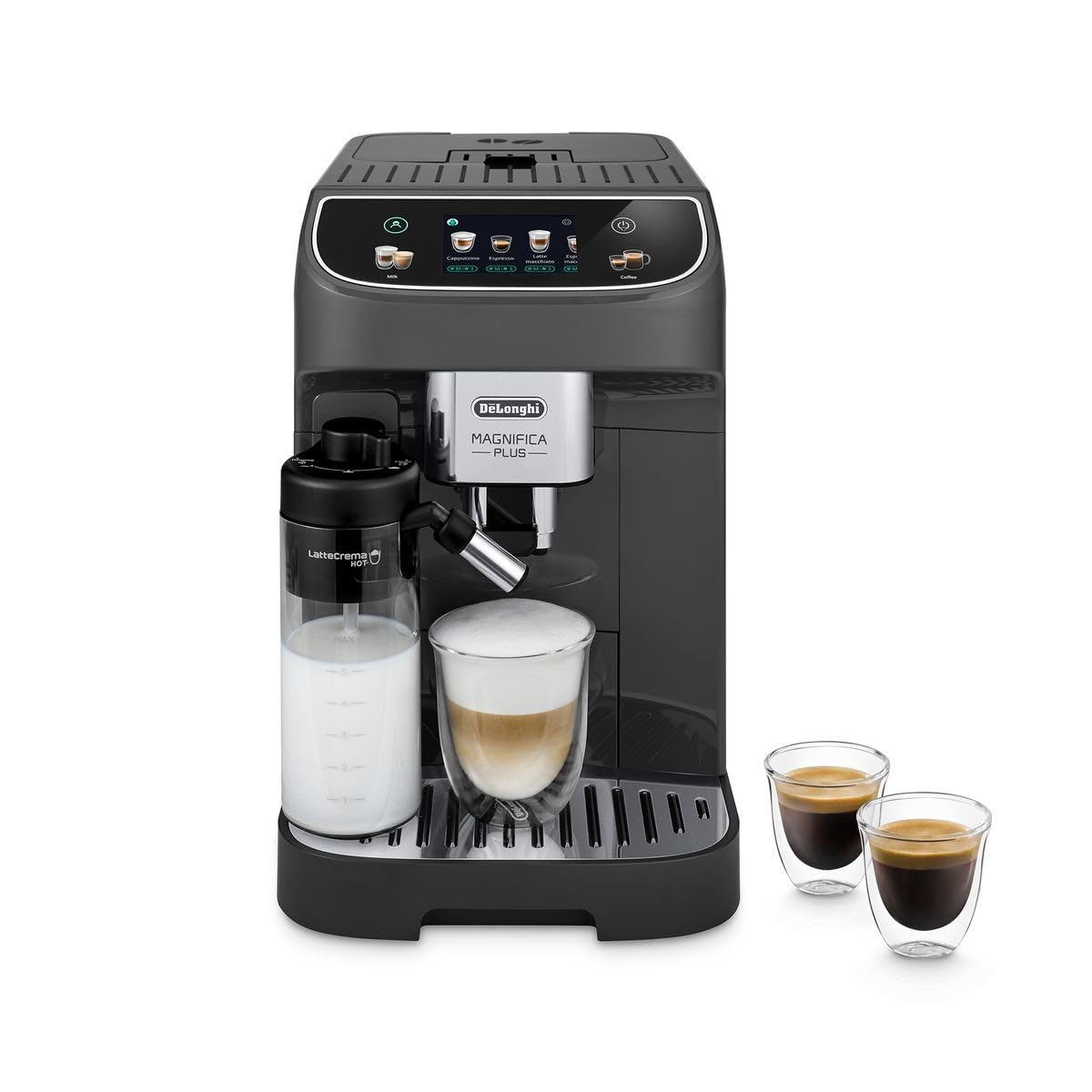 De'Longhi Magnifica Plus ECAM320.61.G, Macchina Caffè Automatica, Sistema LatteCrema Hot per Cappuccino Automatico, 4 Ricette, Display Colorato Soft Touch, Funzione Extra Shot, Funzione x2, Grigio