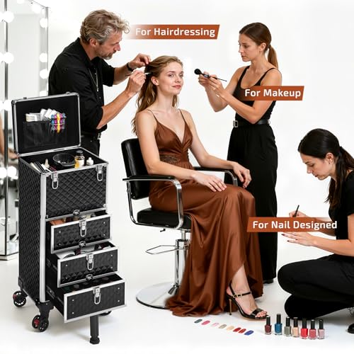Image of Rolling Makeup Train Case with Drawers Cosmetology Case on Wheels | 4 in 1 Large Cosmetic Organizer for Hairstylist,Makeup Artist Nail Trolley Cart Salon Storage Traveling Cart Trunk