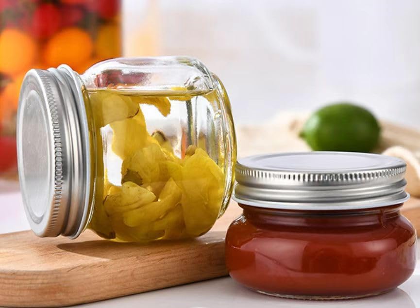 70mmの標準開口部を備えたメイソンジャー6個(4.6オンス/2個、8オンス/16オンス2個)、透明ガラスボトル、シルバーメタル蓋、