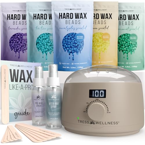 Image of Tress Wellness Award Winning Waxing Kit for Sensitive Skin - Safe for Face & Skin, Easy to Use - At-Home Kit for Face, Bikini, Brazilian & Full Body - Digital Display, Beige
