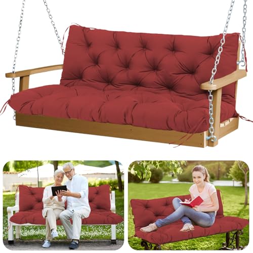 Image of Porch Swing Cushions Outdoor 60 inch Waterproof Swing Cushions 3 Seater Replacement with Backrest and Ties Thicken 5 inch Bench Swing Cushion for Outdoor Furniture Patio(Wine Red60x40x5inch)