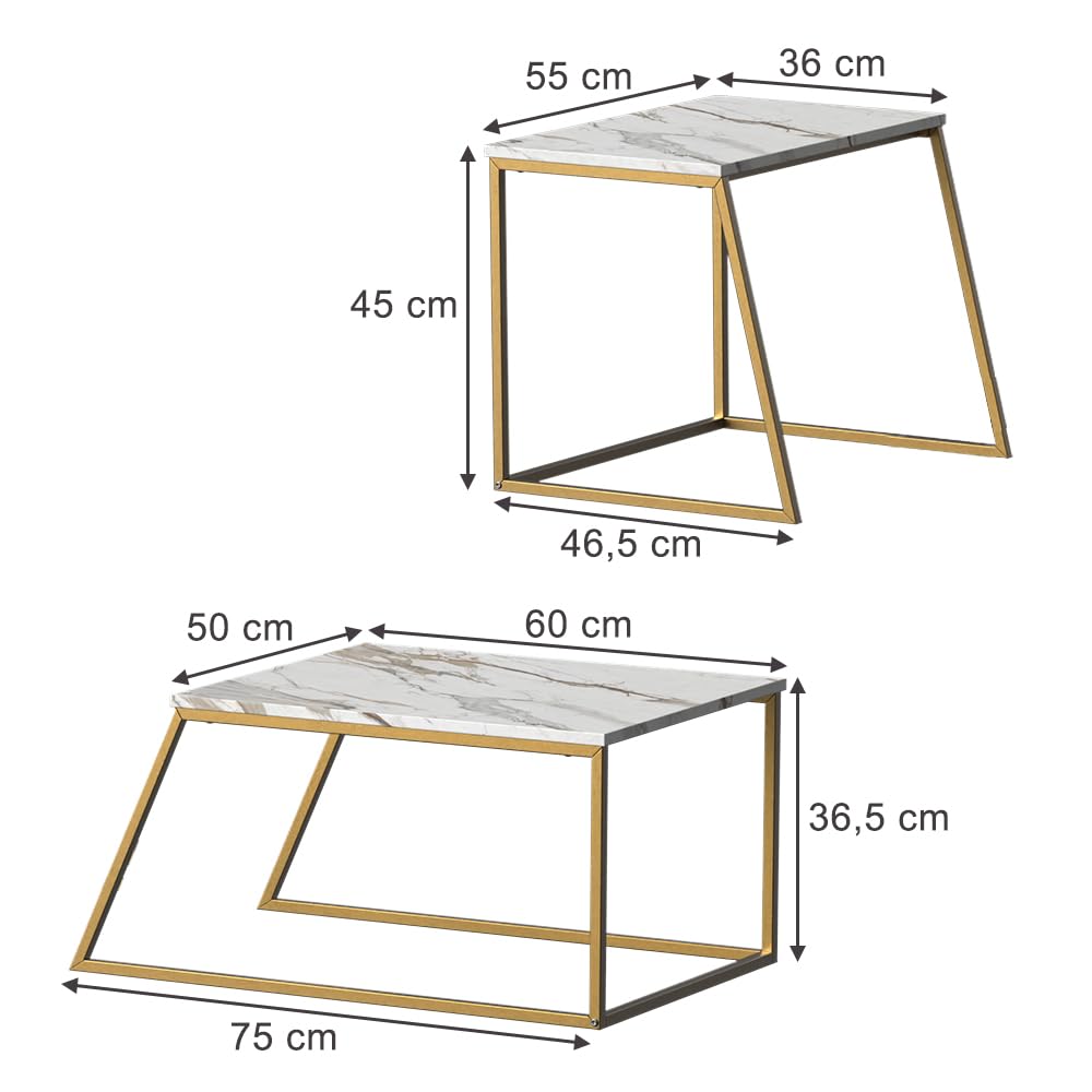 Vicco Couchtisch-Set Myra, Marmor-Weiß/Gold, 60 x 50 cm 2 Teile, zur flexiblen Nutzung als Beistell- oder Ablagetisch