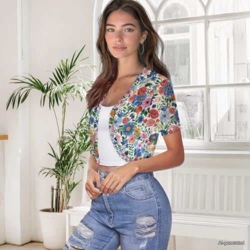 Image of Womens Short Sleeve Cardigans Lightweight Summer Cardigan Trendy Bolero Shrug Cute Floral Cardigan Sheer Bolero