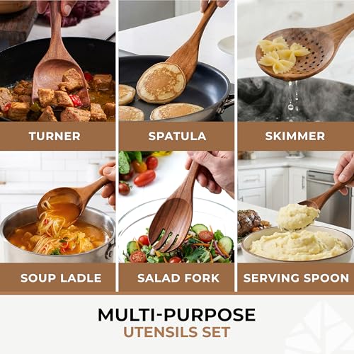Image of Wooden Spoons for Cooking - 6 Pcs Premium Teak Wooden Utensil Set with Hooks - Durable, Nonstick Safe, Easy to Clean & Heat Resistant with Ergonomic Handles