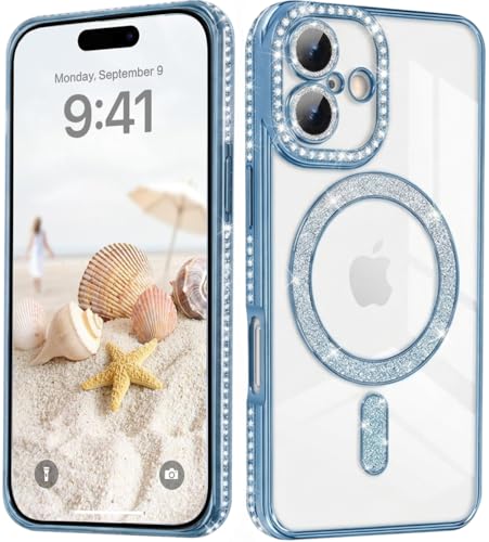 Image of Elzzi Compatible with (iPhone 17 Case) Clear Luxury Diamond Glitter Case |Camera Lens Protector with Glitter Ring | Premium Shockproof Glossy Shiny Back Cover Case for Girls Women -Blue