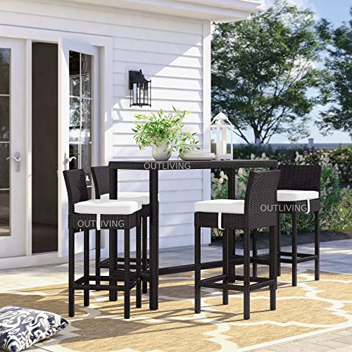 Image of OUTLIVING Rattan Wicker Outdoor Bar Patio Table with 4 Chairs Set for Home Graden Balcony 4 Seater High Bar Patio Furniture Table and Chairs - (White Cushion, Brown)