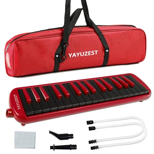 YAYUZEST 32 Keys Melodica Instrument, Soprano Melodica Air Piano Keyboard Pianica with 2 Soft Long Tubes, 2 Short Mouthpieces and Carrying Bag (Red+Black)