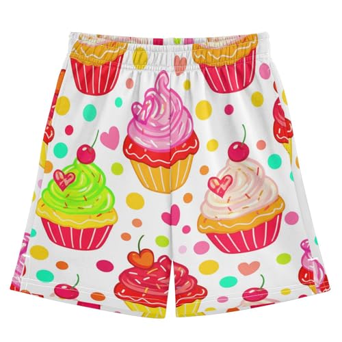 J JOYSAY Cupcake Heart Confetti White Boys Athletic Shorts Kids Youth Casual Shotrs with Elastic Waistband Pockets