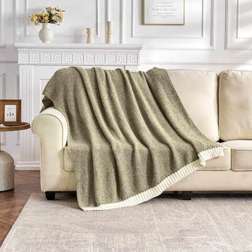 Image of CozeCube Reversible Knitted Throw Blanket,Olive Green White Melange 60 inchx80 inch