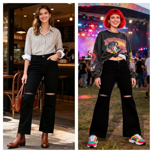 Women's High-Waisted Ripped Wide-Leg Jeans with Stretch - Curvy-Friendly & Comfortable4