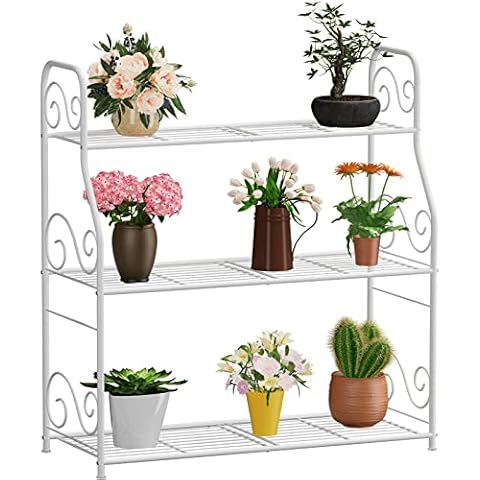 OVICAR Metal Plant Stand Rack - 3 Tier Indoor Outdoor Plant Display Shelf Flower Pot Holder for Garden Patio Balcony Porch Corner Living Room, Multiple Storage Shelf for Home Use (White) Cover