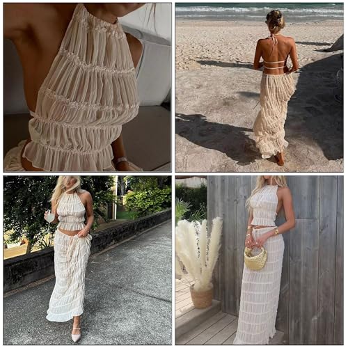 Womens 2 Piece Summer Outfits Chiffon Halter Backless Crop Top and Flowy Tulle Ruffle Maxi Skirt Sets4
