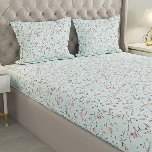 Image of Raymond Home 200TC Affair Cotton Rich Super Soft Floral Double Bedsheet (2.29 Mx2.54 M) with 2 Pillow Covers(46 CM x 69 CM) - Blue & Green