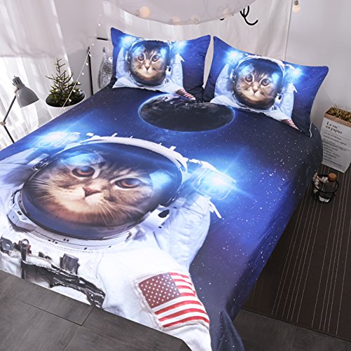 BlessLiving Funny Space Cat Bed Set 3 Piece Astronaut Pet Bedspread Teens Kids