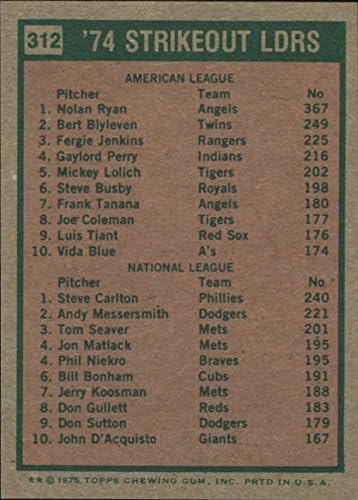1975 Topps #312 Strikeout Leaders Nolan Ryan Steve Carlton - EX-MT
