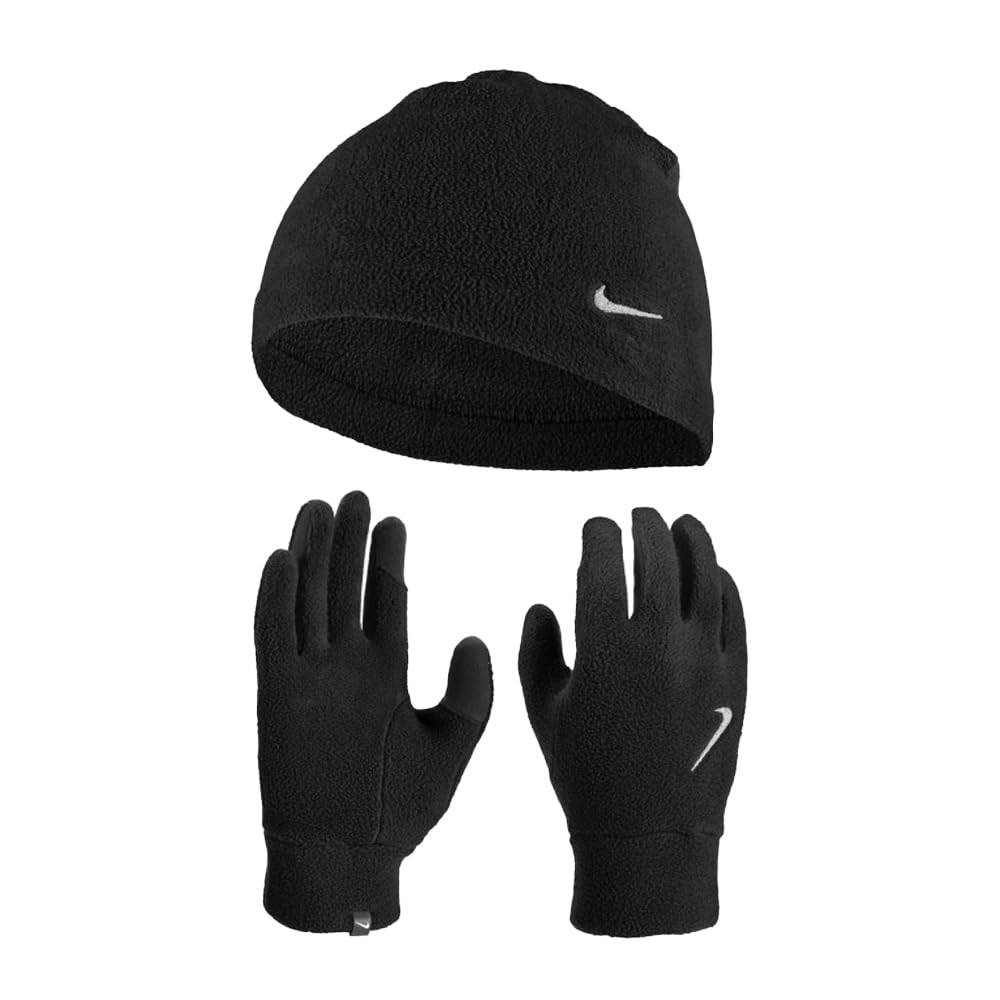 Nike Women's Fleece Hat and Glove Set Winter Set Hat and Gloves Running Training Warm, Black/Black/Silver, XS/S