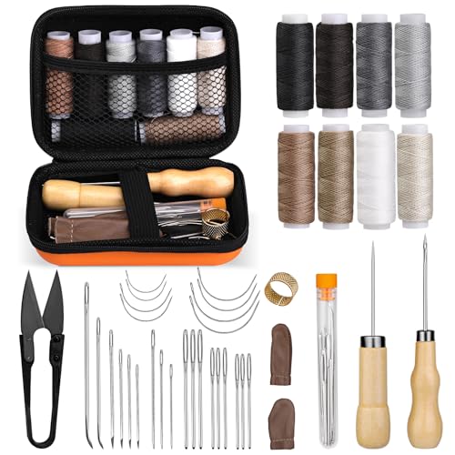 40 Pcs Upholstery Repair Sewing Kit, Leather Heavy Duty Sewing Kit, Leather Working Kit with 8 Upholstery Thread, Sewing Upholstery Needles, Needle and Thread Kit for Carseat, Backpack, Shoes