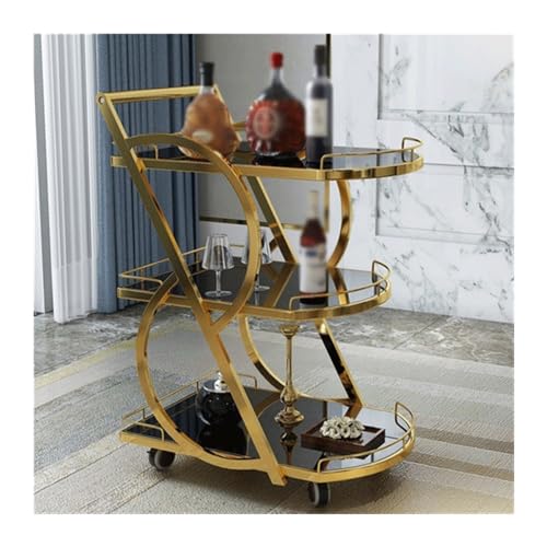 Carrito de bar rodante, carrito de servir móvil con 3 niveles y bandeja de almacenamiento extraíble, vidrio de mármol y marco de metal para el hogar, cocina y fiestas