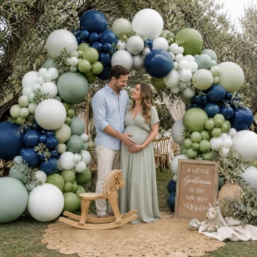 Image of Navy Blue Green Balloon Arch Double Stuffed Dark Blue Sage Green Pastel Balloon Garland Kit for Baby Shower Birthday Bridal Wedding Gentleman Party Decorations