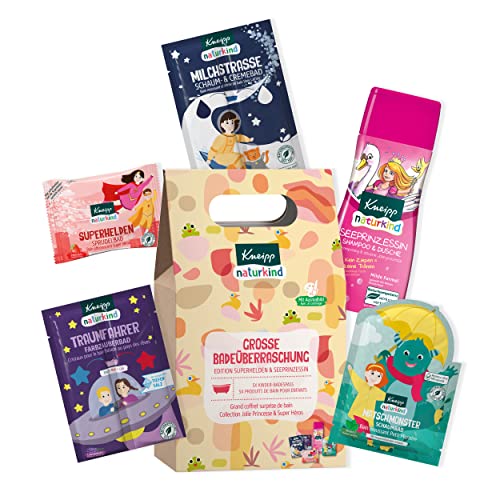 Kneipp Naturkind - Juego de regalo para niños con 5 productos de edición de superhéroes y princesas de mar, 2 colores, baño de burbujas, champú y ducha