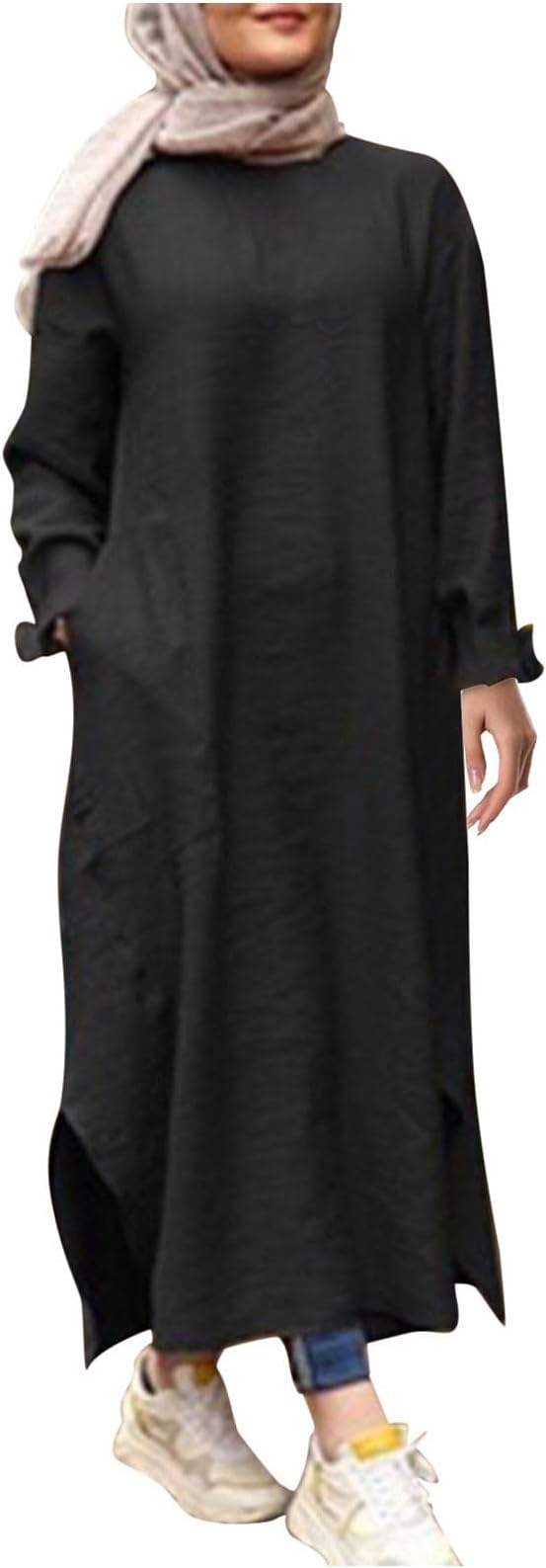 Muslim Dresses Women's Middle East Dubai Kaftan Islamic Hijab Dress Classic Abaya Maxi Dress Ramadan Plain Casual Prayer Dress with Pockets Prayer Clothing for Women