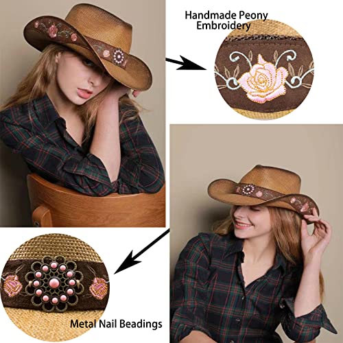 Image of Cowboy Hats for Women, Brown Cowgirl Hats Classic Straw Western Hats for Women Music Festival Party Beach.