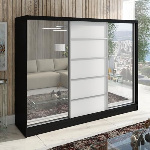 A&J MöbelLand Schwebetürenschrank Taro Kleiderschrank 3-türig mit Spiegel Garderobenschrank 200 cm (Schwarz/Weiß)